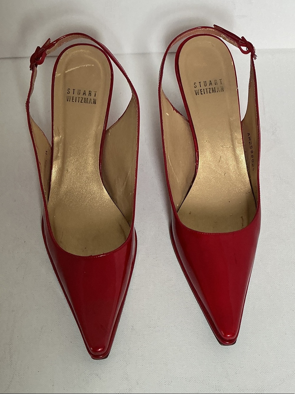 Stuart Weitzman Pointed Toe Slingback Ruby Red Patent Leather Wedge - Picture 2 of 9
